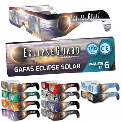 EclipseGuard solar eclipse glasses shown with their retail box and multiple color options arranged below on a white background.