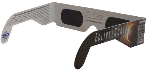 Celestine Eclipse Guard solar eclipse viewing glasses with gray paper sleeves, featuring black lenses and a dark brown arm with an eclipse graphic.