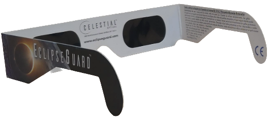 Celestial Optical EclipseGuard solar eclipse viewing glasses with black lenses and white arms, featuring the EclipseGuard logo on the front panel.