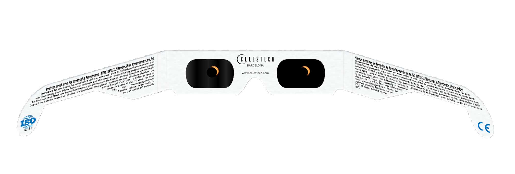 White Celestech 200mm solar eclipse viewing glasses with black lenses showing a crescent moon, on a plain white background.