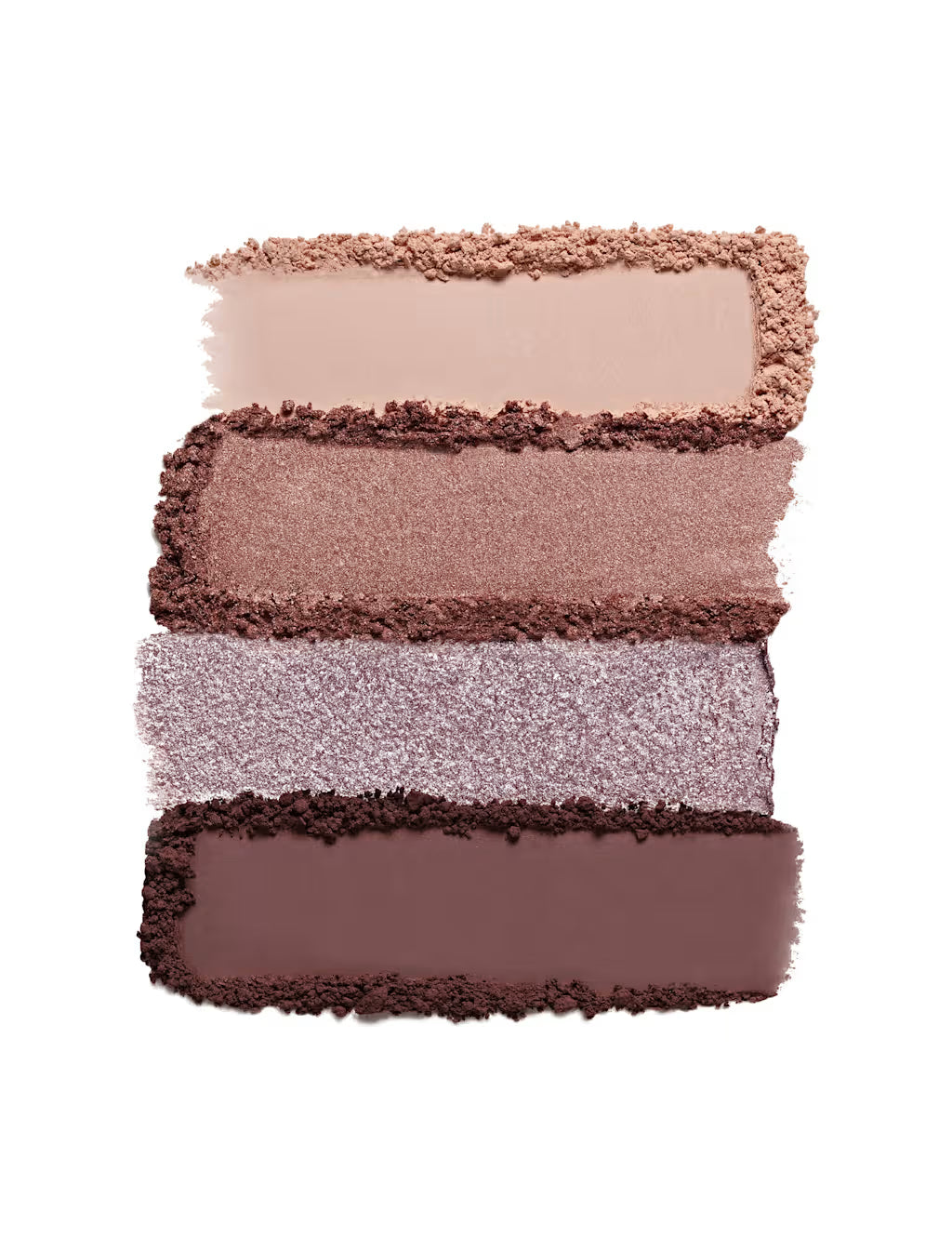 Four stacked rectangular swatches of pressed powder makeup in warm neutral shades, including a light beige, a shimmery taupe, a pale pink-lilac shimmer, and a deep brown, on a plain white background.