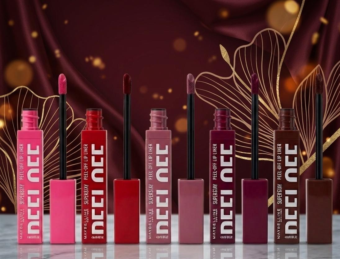 Set of Maybelline lip products on a decorative background