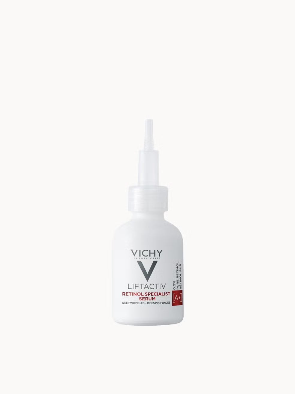 Vichy Liftactiv Retinol Specialist Serum in a white squeeze bottle with a pointed applicator cap, shown on a clean white background.